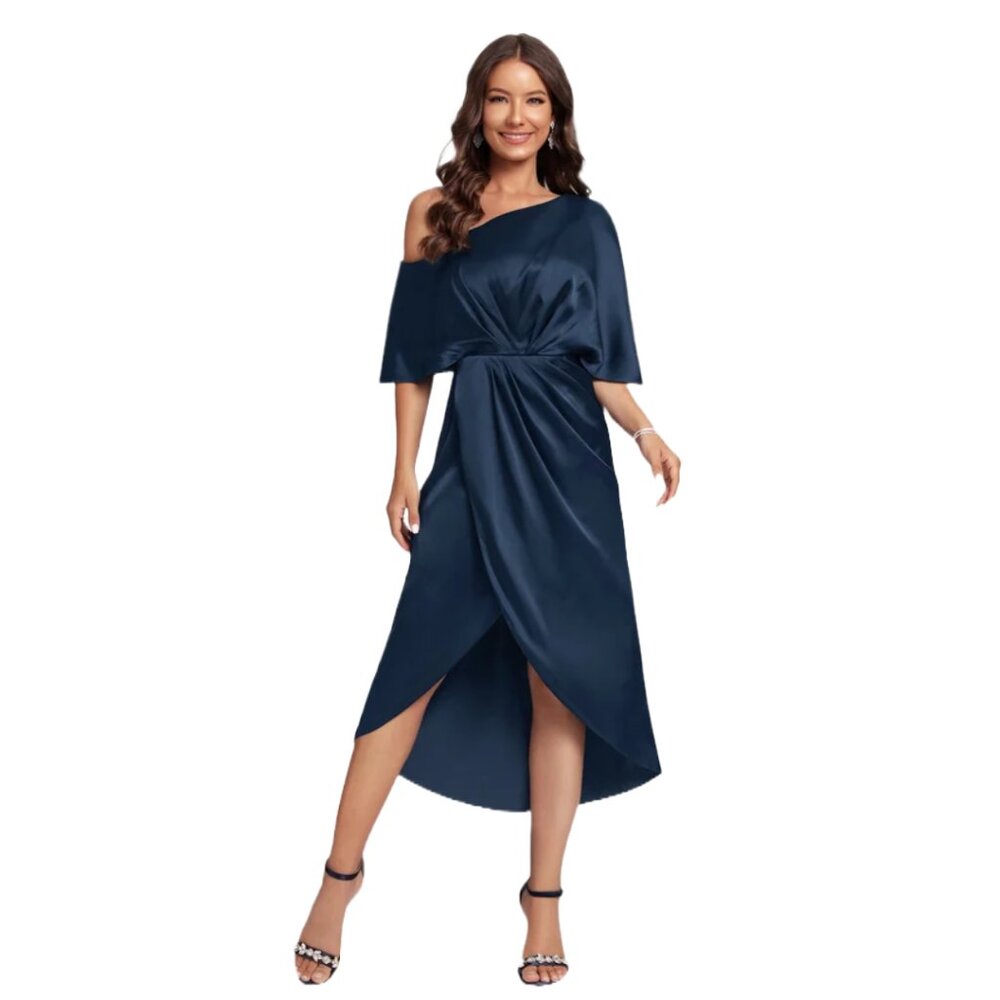 JJ's House Navy One Shoulder Satin Cocktail Dress Wedding Mother of the Groom